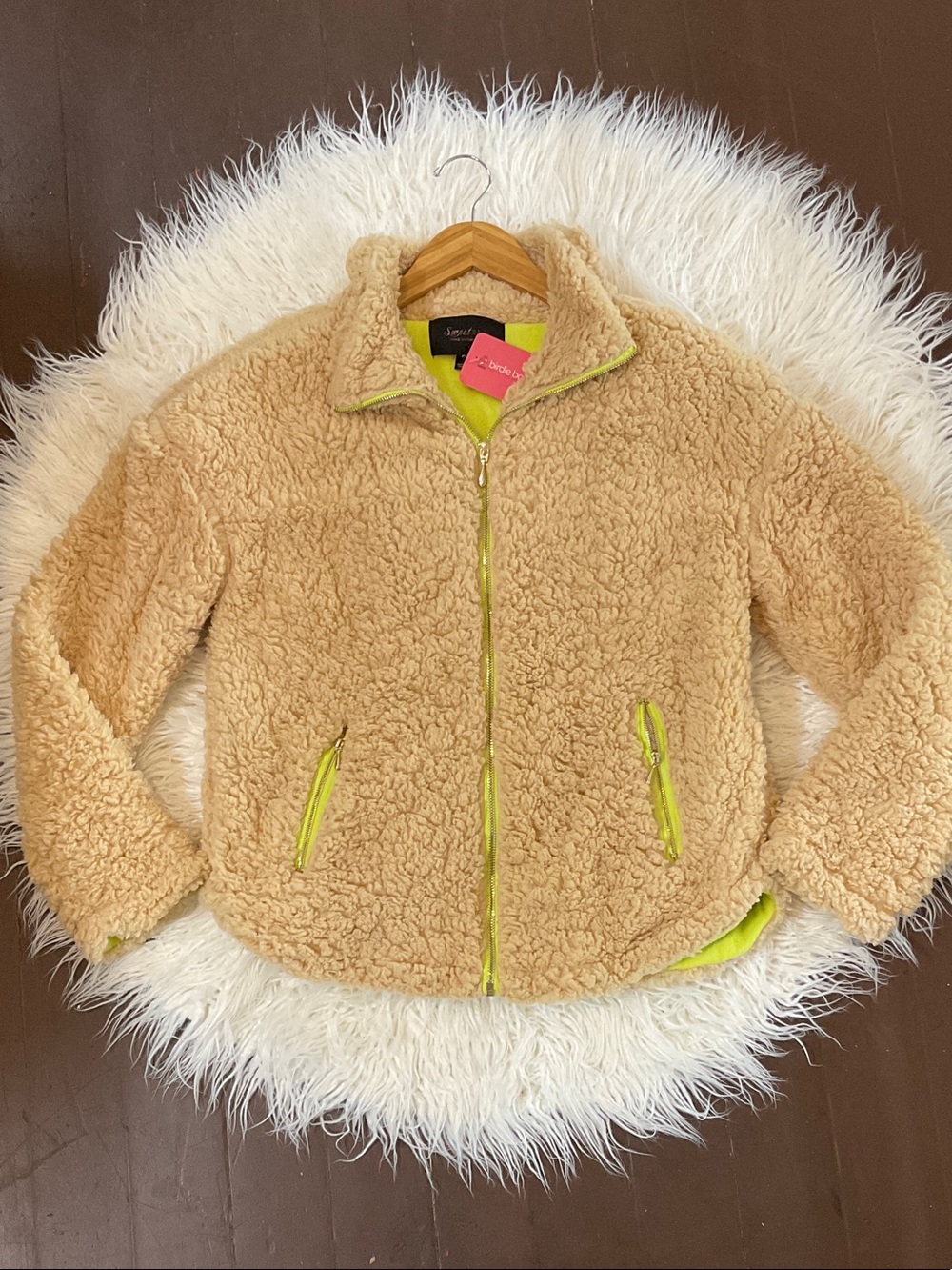 Sweet Rain Beige Teddy Jacket with Neon Yellow Trim